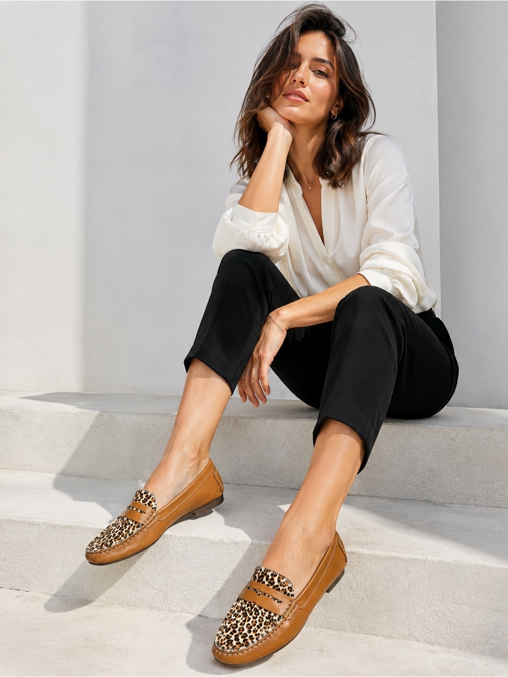Massimo Matteo Tan Leather & Leopard Print Loafers